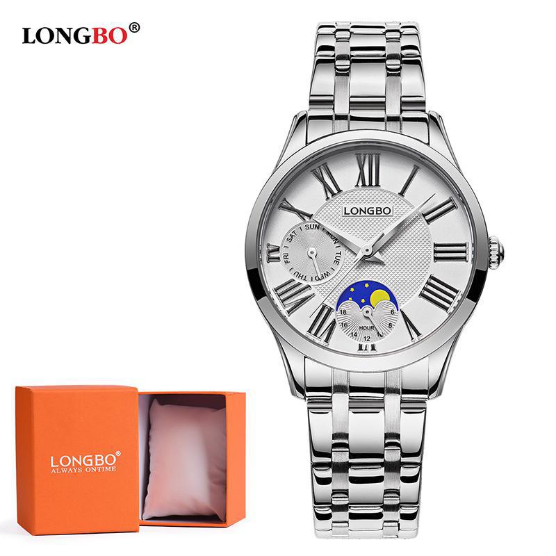 Longbo Quarzuhr Liebhaber Uhren Frauen Männer Paar Analog Voller Edelstahl Geschäft Armbanduhren lässig Gold 1/stücke: Weiß Frau Geschenk Kasten