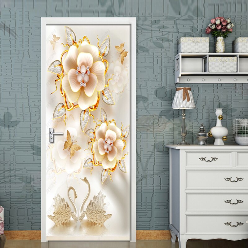 Joyería en relieve 3D, pegatina de lujo de flores para puerta 3D, Mural de pared, papel tapiz para puerta de habitación, Pegatina autoadhesiva de pared, decoración impermeable