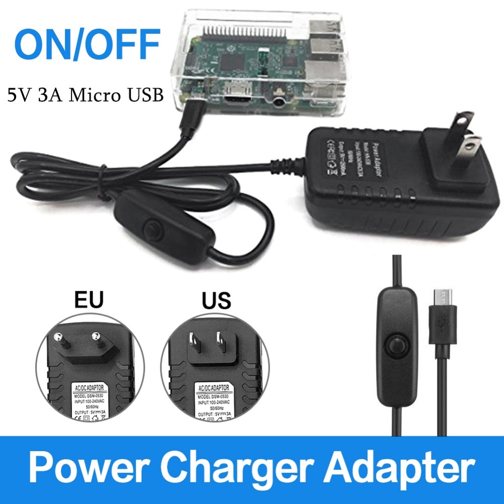 5V 3A Micro Usb Power Adapter Oplader Met Schakelaar Controle Kabel Voor Raspberry Pi 3