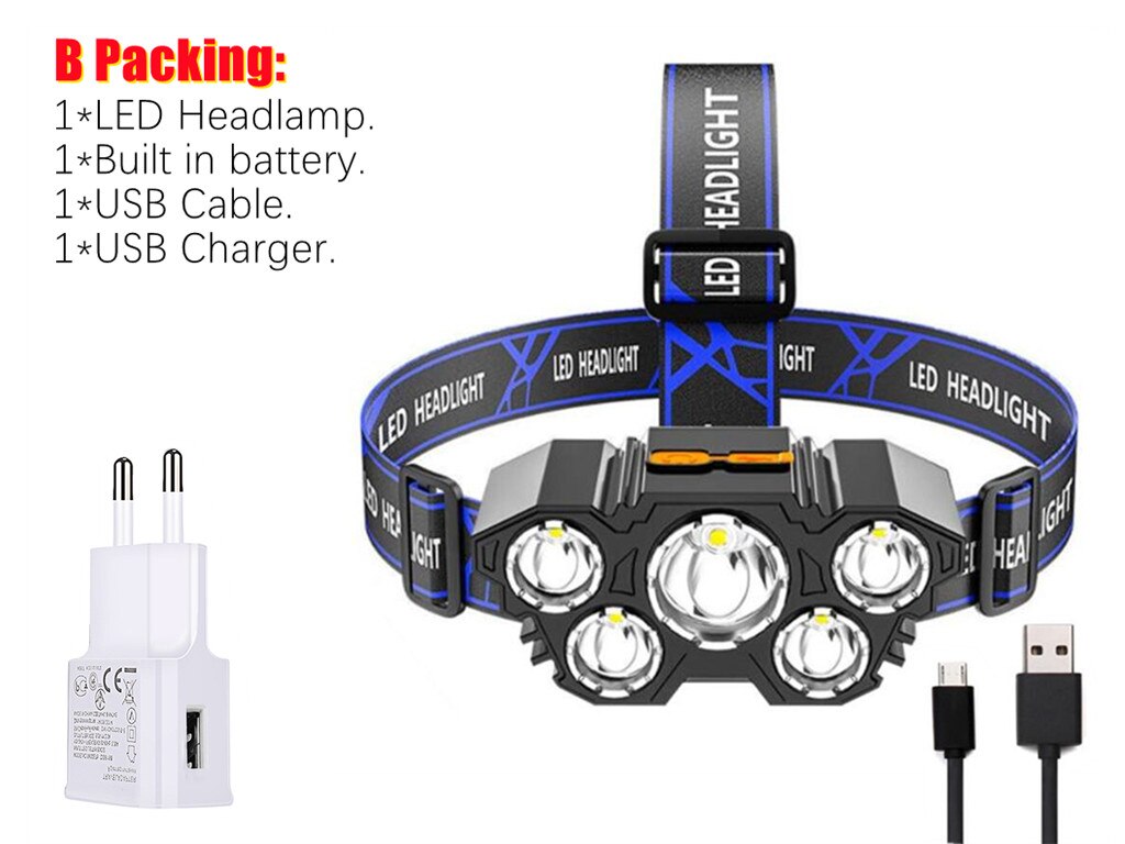5 ledet med innebygd -i 18650 batteri usb oppladbar bærbar lommelykt lanterne hodelykt utendørs camping hodelykt: B pakking