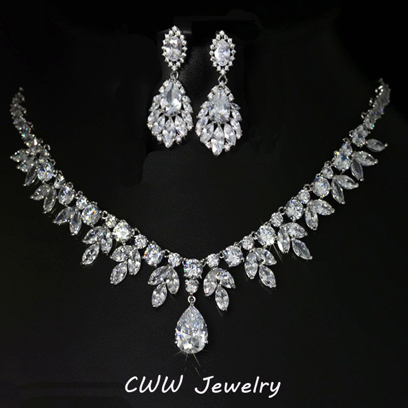 CWWZircons – ensemble de bijoux de demoiselle d&#39;honneur, de , accessoires de luxe pour robe de mariée, boucles d&#39;oreilles, collier, T143: Default Title