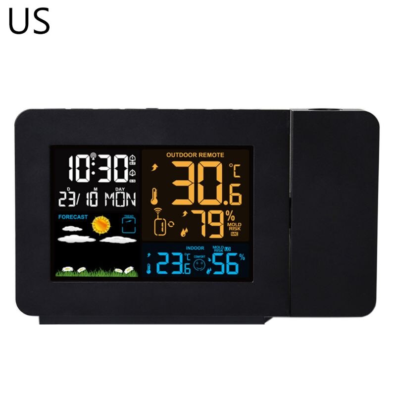LCD Digital Alarm Clock Calendar LED Projection Weather Thermometer Indoor Outdoor Temperature Humidity Projector: US