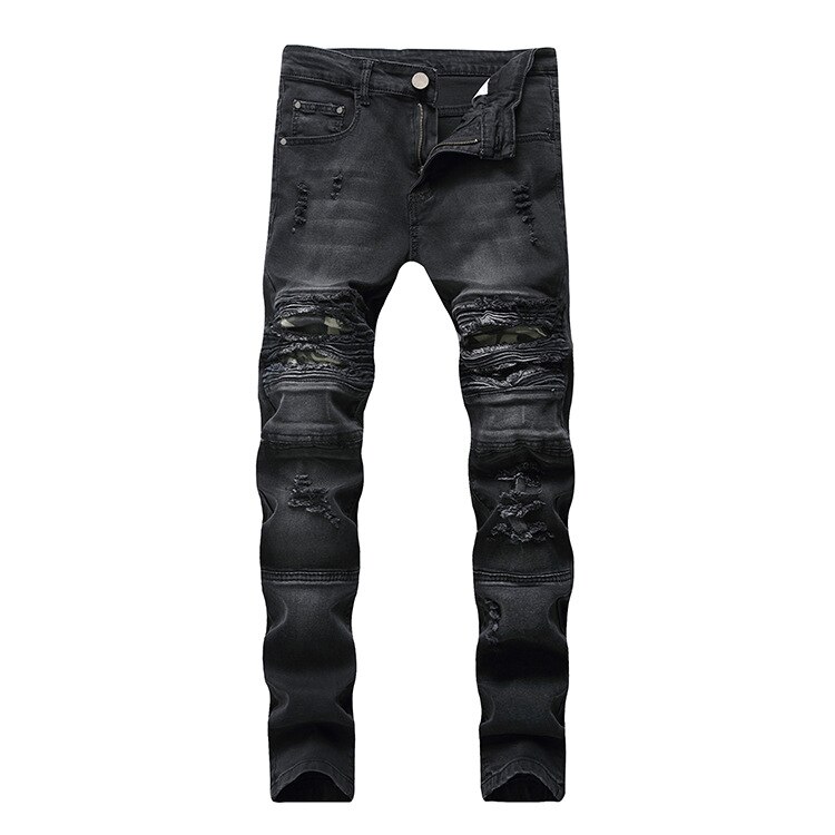 Men jeans denim high street ripped knee black slim stretch pants straight motorcycle washed trousers
