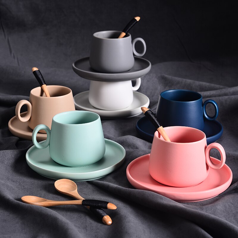 Fresh Colour Macaroon Cappuccino Latte Coffee Cup With Saucer Wood Spoon Cafes House Nespresso Glass Breakfast Milk Taza Copos