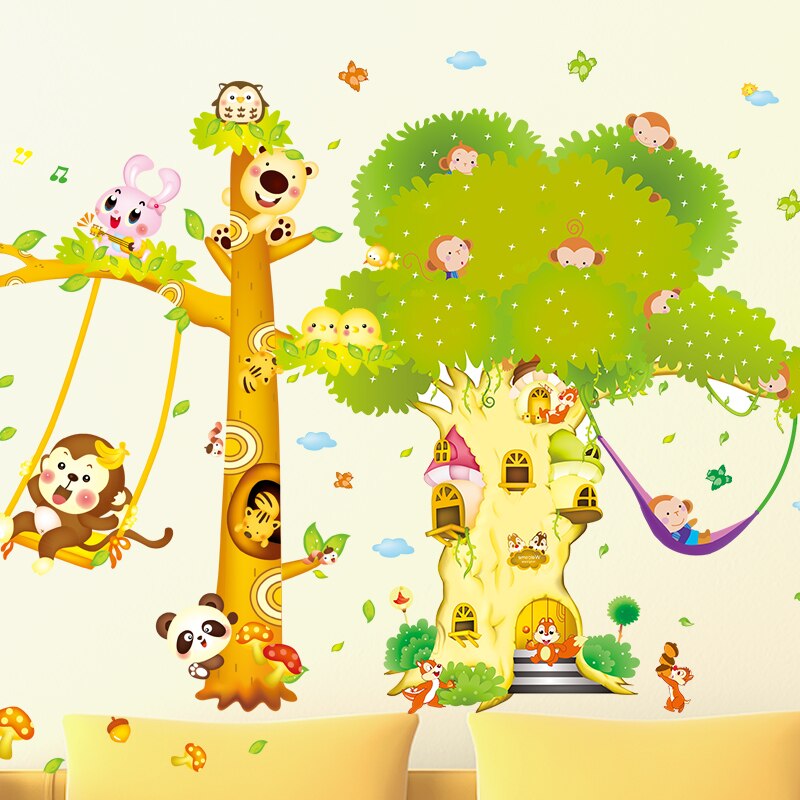 Apor träd väggdekaler pvc material gör-det-själv-djur väggkonst för barnrum baby sovrum barnkammare dekoration: Bild 1 och bild 2