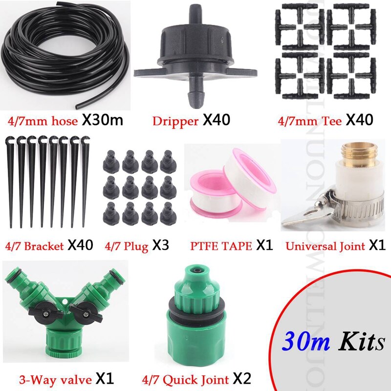 10 ~ 50m 1/4 tommers pe slange hagevanningssett grønnsakshage frukthage plante mikro drypp vanningssystem sett drypper: 30m svarte sett