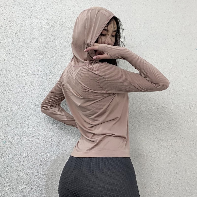 BINAND Hooded Yoga Top Women Thumb Hole Sports Crop Top Gym Sports Top Sport Shirt Women Fitness Yoga Shirt Sport Long Sleeve: Skin Color / S