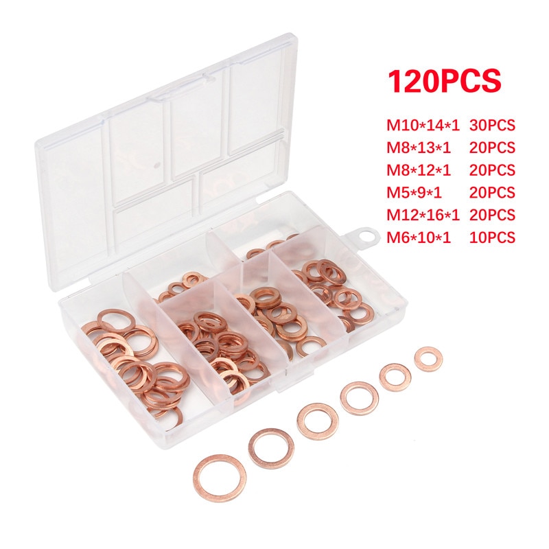 120 st  m5/m6/m8/m10/m12 5 storlekar kopparbricka packningssats plattring tätningssats set för generatormaskiner med låda