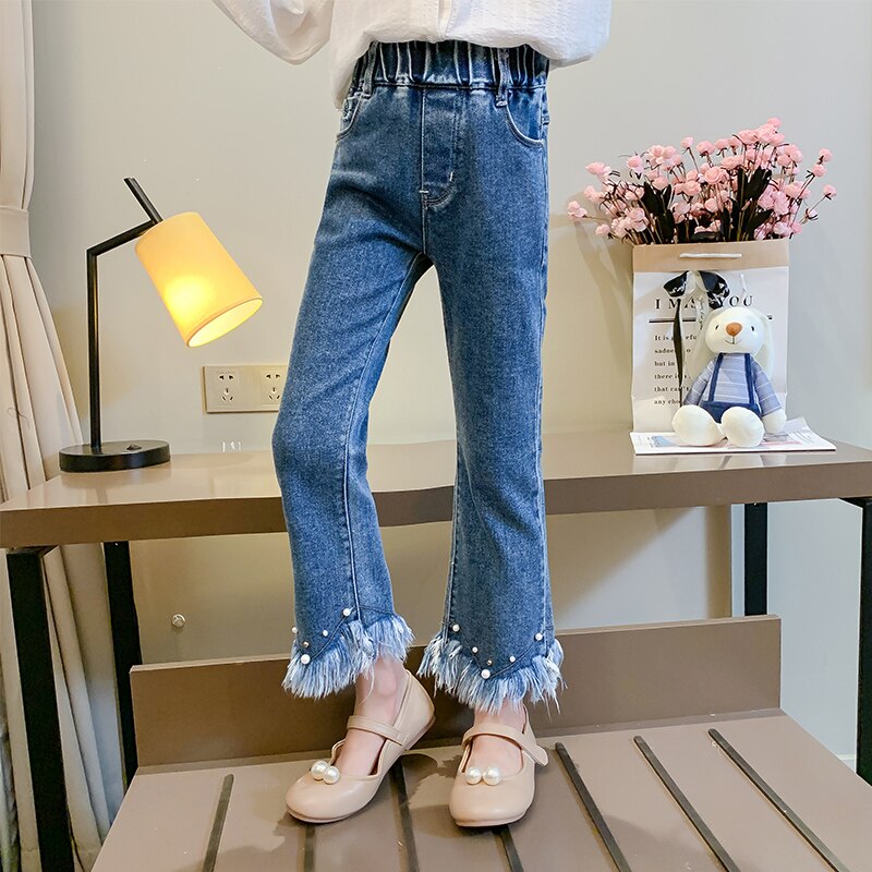 Trend Kids 3 4 6 8 10 11 12 Years Girls Jeans Pearl Beaded Tassel Denim Pants Wild Slim formal trousers Boot cut Jeans pantalone