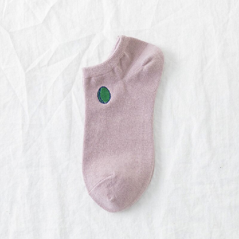 Zomer schattige sokken avocado borduurwerk katoenen sokken dames ademend onzichtbaar effen kleur skarpetki korte sokken voor meisjes: Paars
