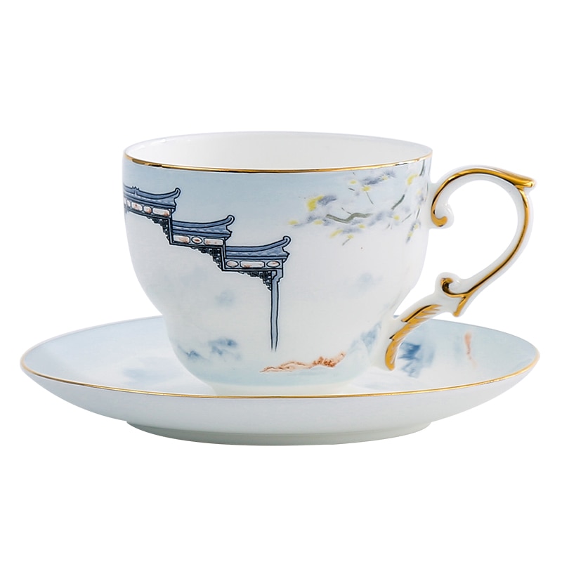 Kinesisk porcelæn tekop sæt guld kant miljøvenlig vintage keramisk kaffekop sæt underkop ske porcelæn xicara drinkware  eb50bd