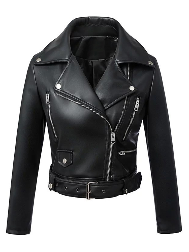 Ailegogo primavera otoño mujer Moto Biker negro Pu Fuax chaqueta de cuero ropa de calle cinturón femenino cremallera Slim Fit abrigo corto prendas de vestir