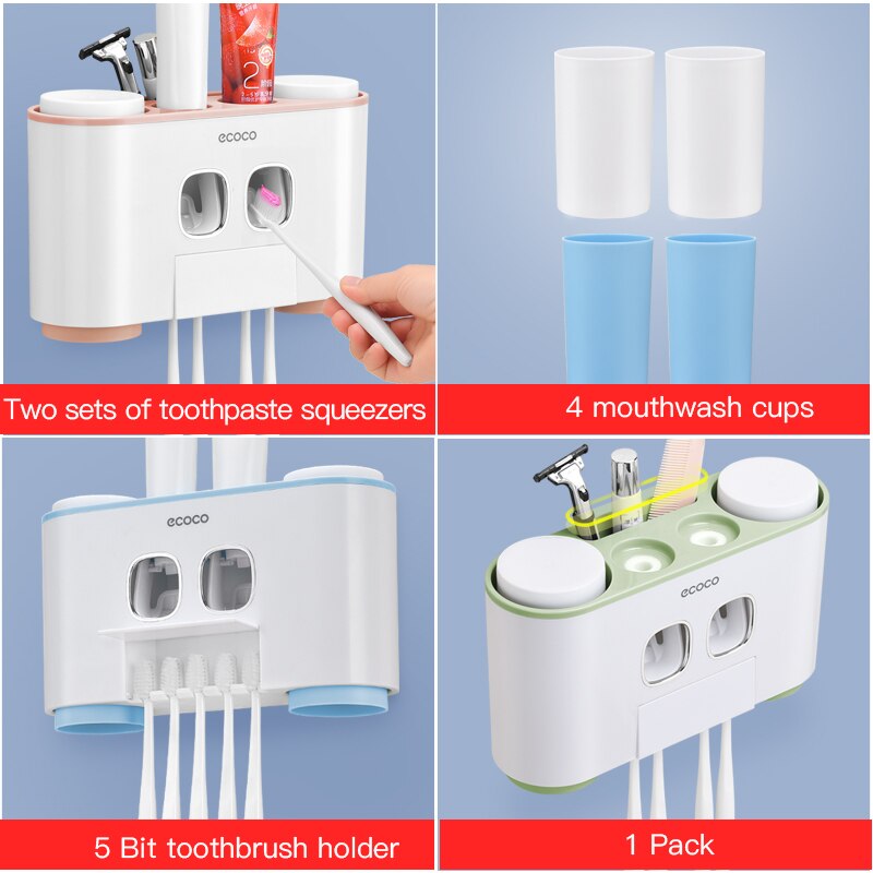 Automatisk tandpasta dispenser støvtæt tandbørsteholder med kopper ingen negle vægstand hylde badeværelse tilbehør sæt