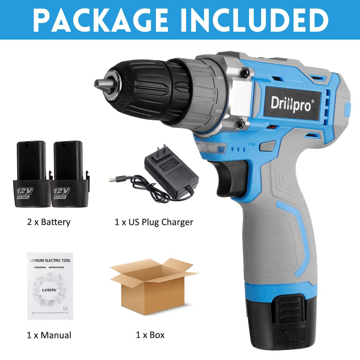 Drillpro-taladro inalámbrico de 12V, 16V, 21V, 10MM, 25 + 1, minicontrolador de potencia, batería de iones de litio, herramientas eléctricas: 12V 2 Battery US