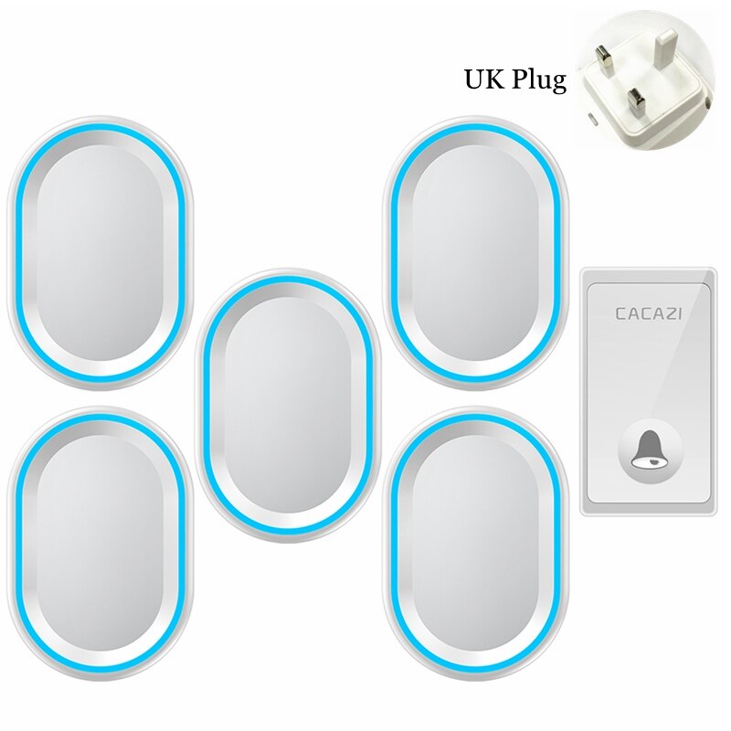 CACAZI Auto-alimentado Campainha Sem Fio À Prova D&#39; Água Não É Necessário Bateria Botão 1 5 Receptores EUA UE UK Plug Início Chamada sino Sinos de 58: white 1x5 UK
