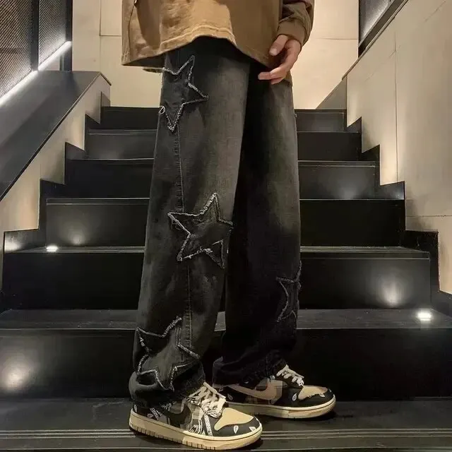 Y2k- stjernet broderi baggy casual jeans til mænd gotisk neutral brede ben lige bukser hiphop ungdom street denimbukser: M / Sort