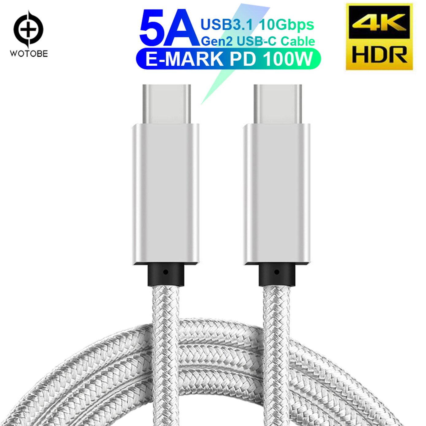 TYPE-C Full Function USB C Cable(2m) E-MARK 5A PD 100W USB3.1 Gen2 10Gbps 4K Video Output Power Line for Type-C Computer MacBook: Silver / 2m