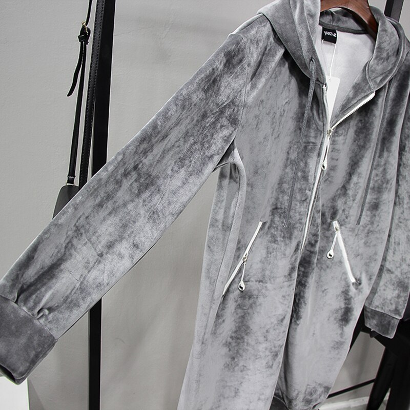 Nowe jesienne jedwabne aksamitne bluzy damskie zwykły płaszcze z kapturem dama zima długie modne czarne szare kurtki znosić ubrania damskie