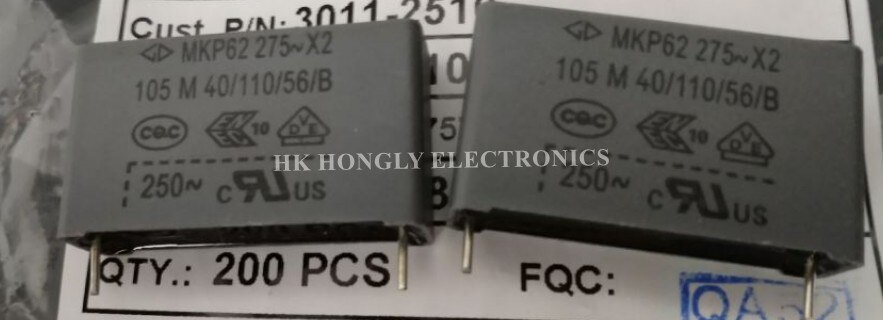 20 piezas MKP62 275V X2 474K 684K 105K 155K 225K 335K 0,47 UF 0,68 UF 1UF 1,5 UF 2,2 UF 3,3 UF 275VAC P = 27mm Condensador de película