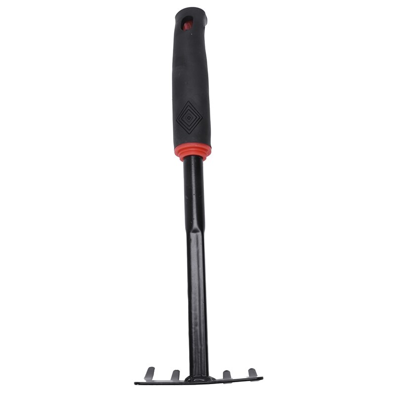 Outil de main de râteau de jardin de pelouse de tête en métal de poignée antidérapante noire 12.1"