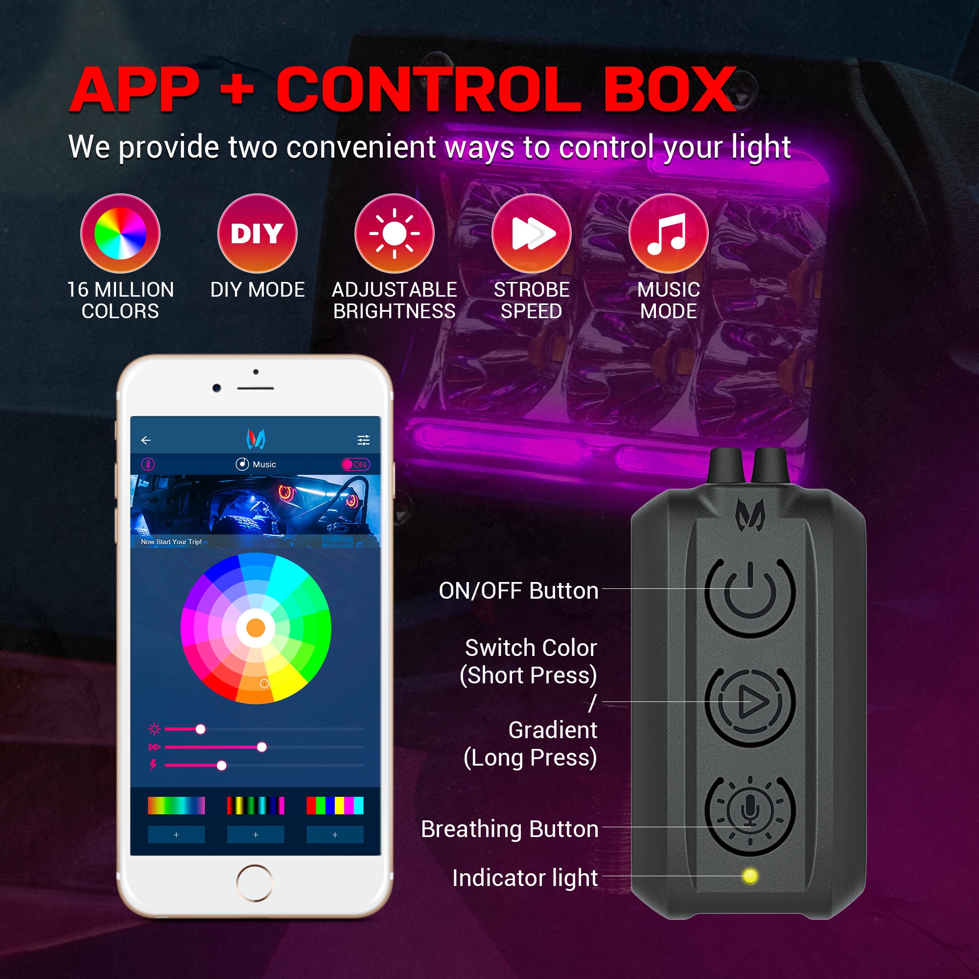 MICTUNING K1 RGBW LED Pods Light Atmosphere Light 4 Inch 18W Off Road Combo Driving Light With APP Control Box For Truck ATV UTV