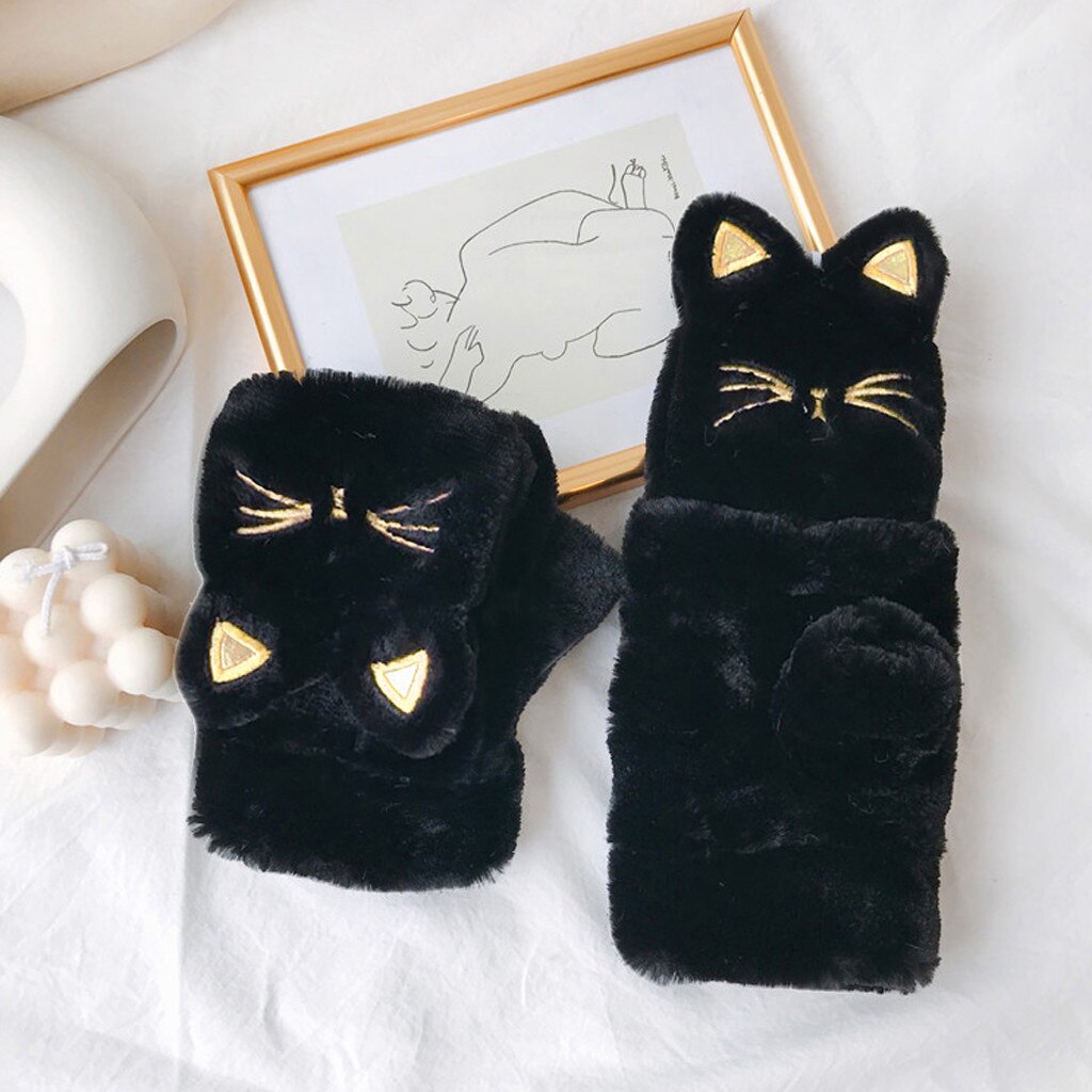 Winter Gloves For Girls Women Lovely Cat Embroidery Thickening Clamshell Plush Gloves Soft Keep Warm Gloves