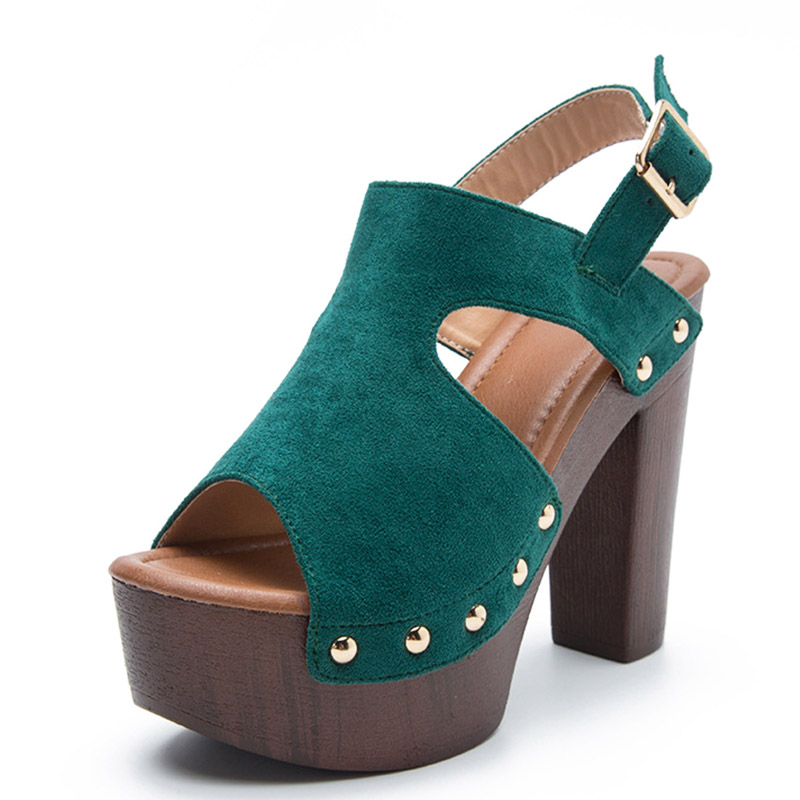 Sandalias de tacón de gamuza grueso para mujer, zapatos de tacón alto de plataforma cómodos y versátiles, estilo romano, con remaches de Color sólido, talla grande
