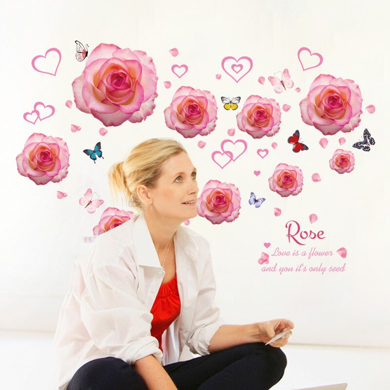 Pink Rose Wall Decals for Bedroom Living Room Cabinet Decoration Wallpaper Mural DIY Self-adhesive PVC Wall Stickers Flowers: 50x70cm