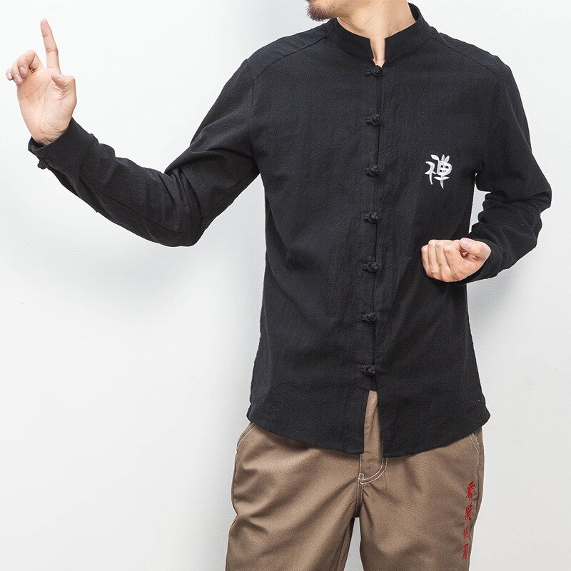 Män kinesisk topp hanfu linnebroderi skjortor vintage kungfu wu tang klan helärm traditionella kinesiska kläder för män: Svart / Xxxl