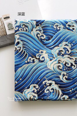 Doe-het-zelf katoenen linnenstof voor tafelkleed/kussenhoezen, japanse ukiyoe-prints met oceaan-golven, prachtige bronzen kleding-/tassenstof: Donkerblauw
