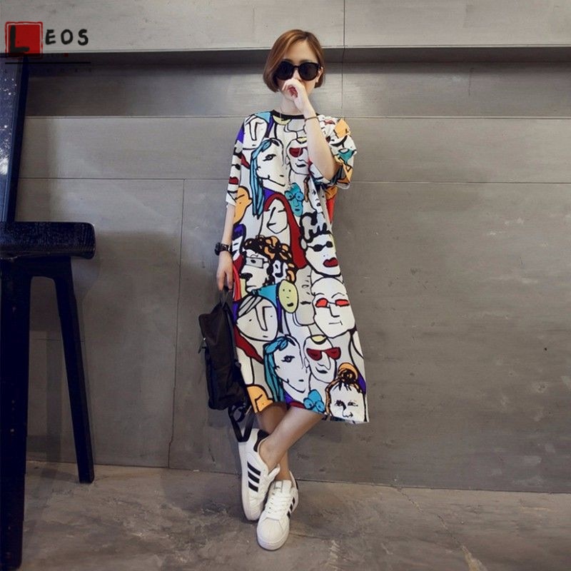 Women Sleepdress Harajuku Print Loose Nightgowns For Ladies Dress Summer Casual Cartoon Funny Short Sleeve Sleepwear