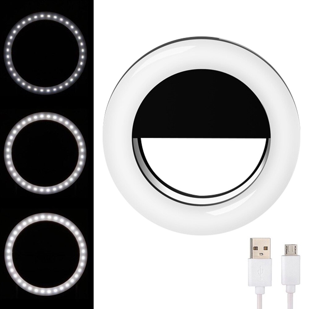 Selfie Ring Led Lamp Licht Usb Opladen 360 Graden Diafragma Voor Mobiele Telefoon Lens Flash Oplaadbare Schoonheid Vullen-Licht: Black