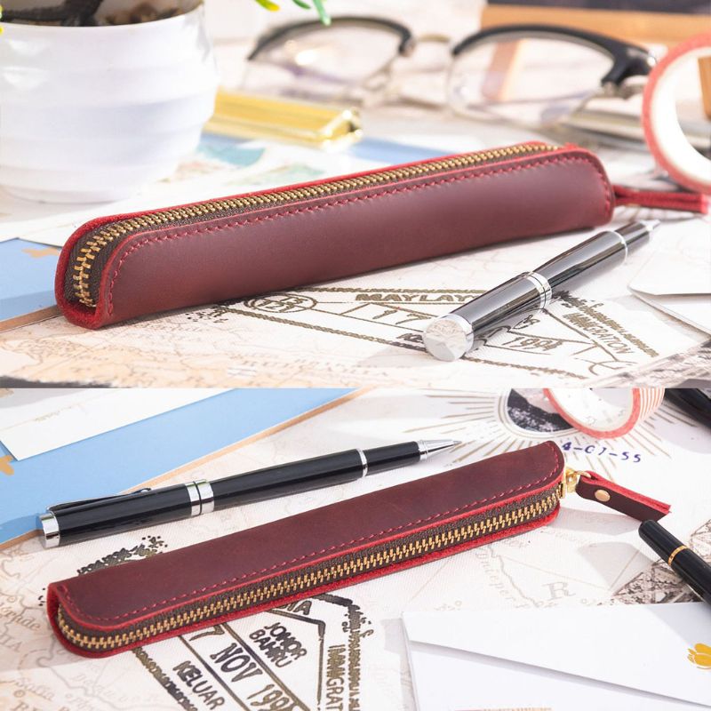 Handgemaakte leren etui vintage retro rits vulpen kwasten etui school kantoorbenodigdheden