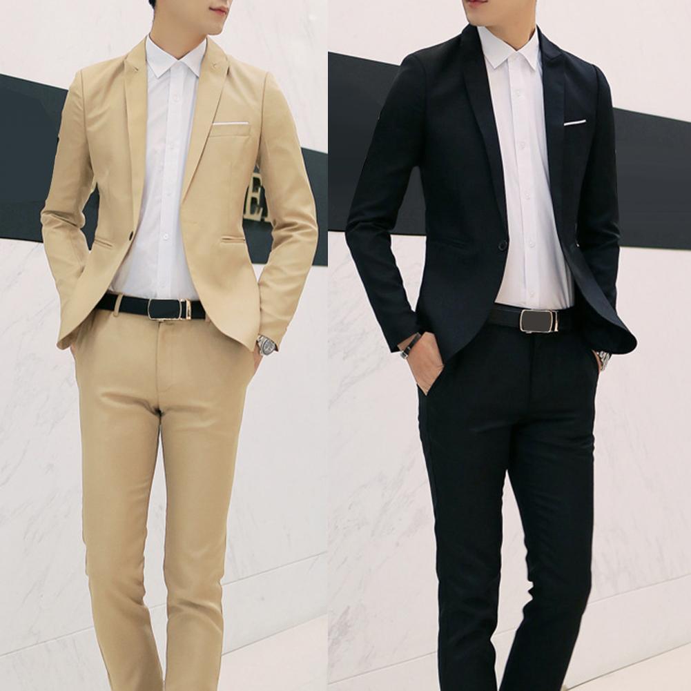 2 Pièces Grande Taille Hommes Couleur Unie À Manches Longues Revers Mince Bouton Costume Homme mariage Bureau Réunion Ensembles Vêtements Pour Hommes