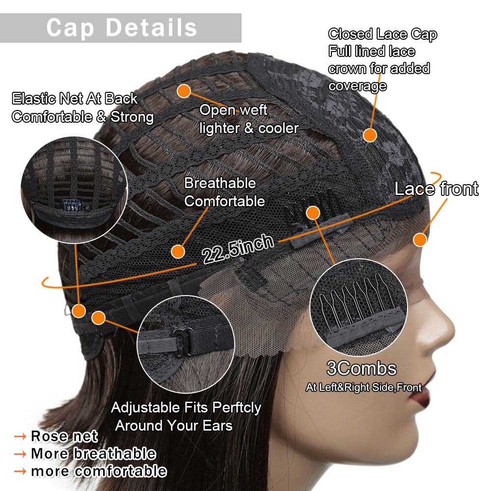 Caschetto corto Dei Capelli Nero Sintetico Parrucca Anteriore Del Merletto Parte Centrale Resistente Al Calore Marrone Medio Parrucche Diritte per le Donne 12 pollici alibaby