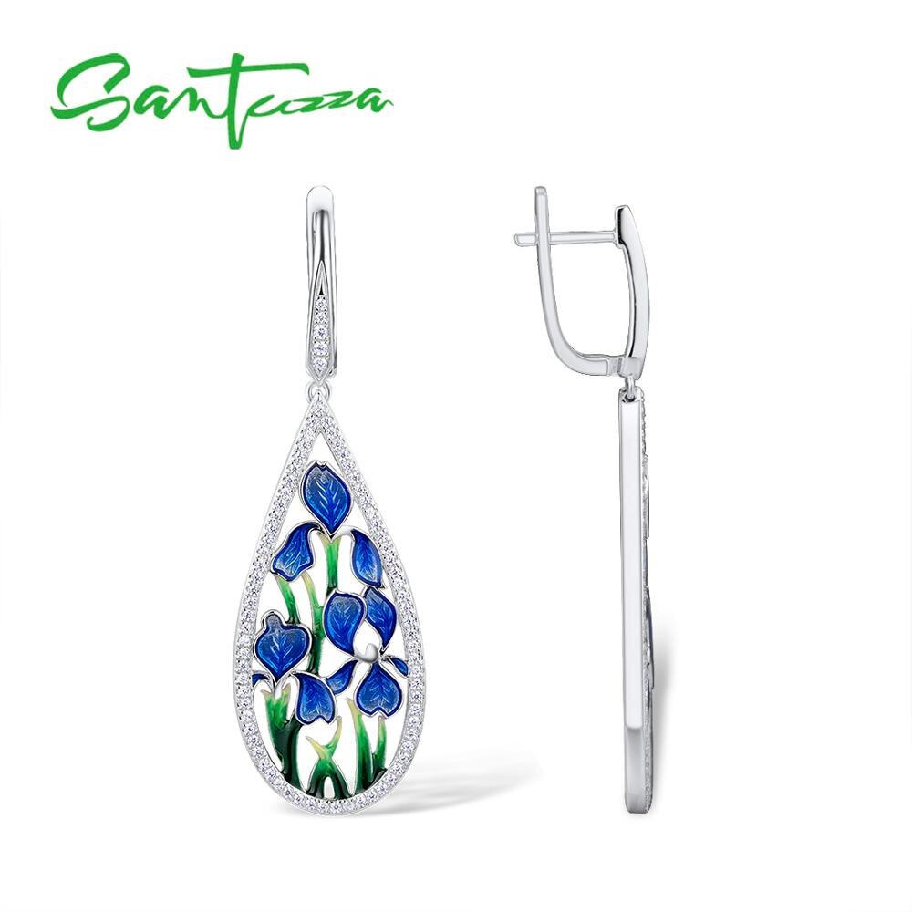 SANTUZZA Zilveren Bloem Oorbellen Voor Vrouwen 925 Sterling Zilver Dangle Blauw Bloemblaadje Oorbellen Zilveren Glanzende CZ Sieraden Handgemaakte Emaille