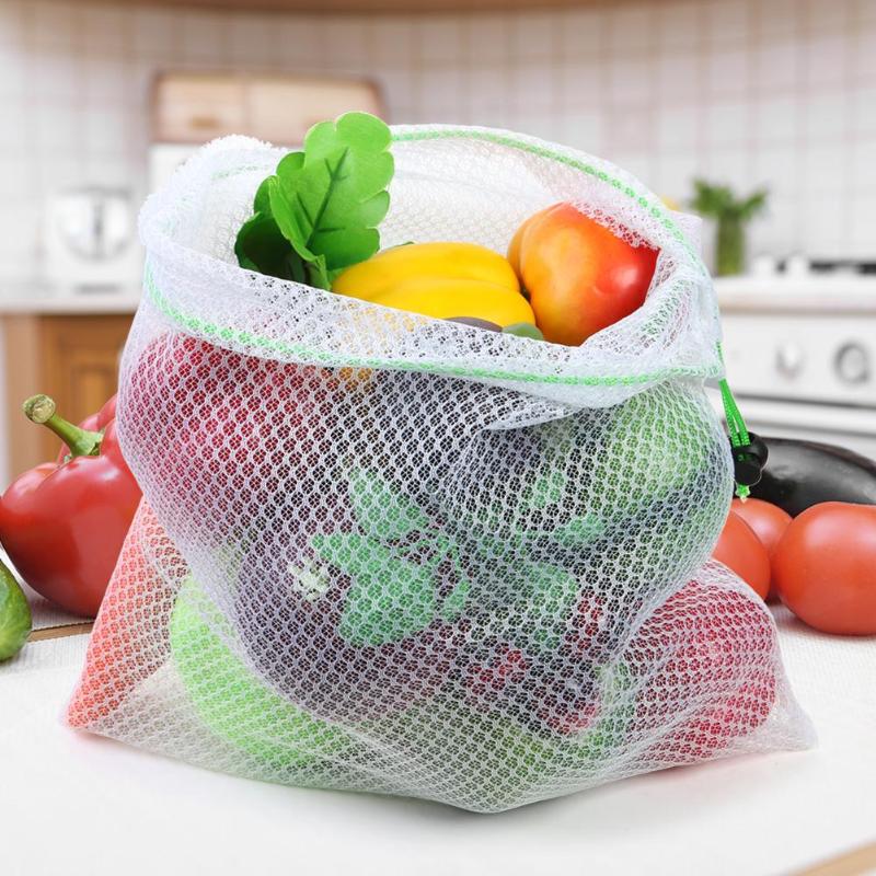 1pc gjenbrukbare nettingposer vaskbar frukt og grønnsaker diverse netting-organiseringsveske med snøring for oppbevaringspose for dagligvareinnkjøp