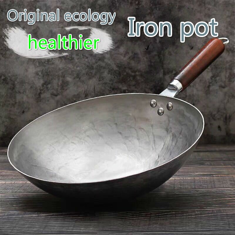 36cm træhåndtag rent jern ingen belægning non-stick wok hånd smedning jern pan kinesisk stil jern pot gaskomfur