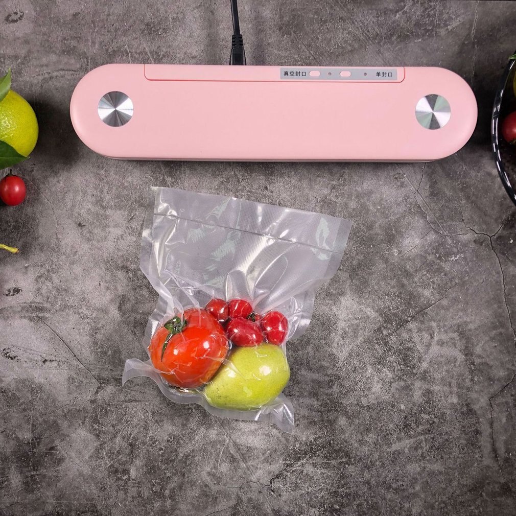 Witte vacuümverpakkingsmachine voor huishoudelijk gebruik, vacuümsealer voor thuisgebruik, voedselbeschermende zakken, voedselsealer: Roze / Eu-stekker