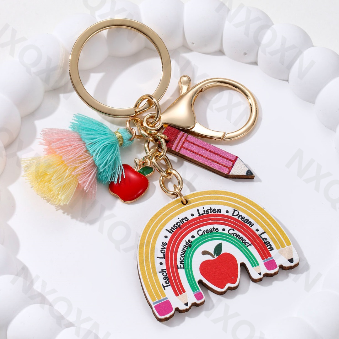 Cute Blackborad Pencil Heart Wooden Keychain Rainbow Apple Pendants Key Ring For Teachers On Teacher's Day Handmade Jewelry: black