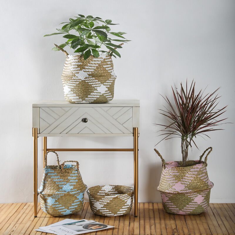 Nodic Wicker Storage Baskets Handmade Rattan Striped Basket with Handle Folding Seagrass Belly Garden Flower Pot Plant Basket