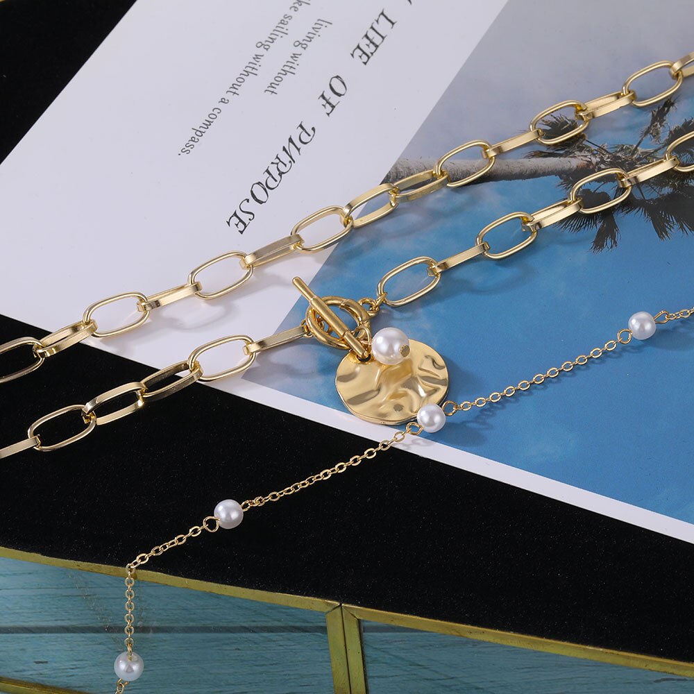 IPARAM Bohemian Multilayer Thick Chain Pendant Necklace Pearl Coin Geometric OT Buckle Necklace Jewelry