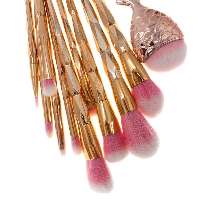 11pcs Diamond Fish Makeup Brush Set Foundation Blending Power Eyeshadow Contour Concealer Blush Cosmetic Beauty Make Up