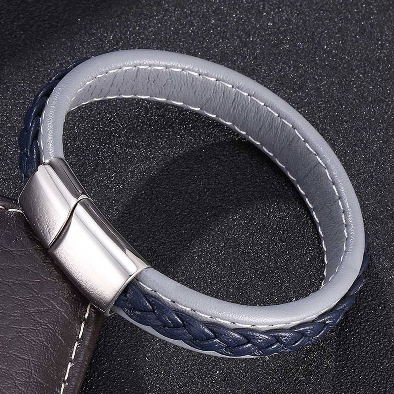 FORTAFY Men Punk Jewelry Gray &amp; Blue Braided Leather Bracelet for Mens Bracelets Stainless Steel Magnetic Clasp Wristband FR0011