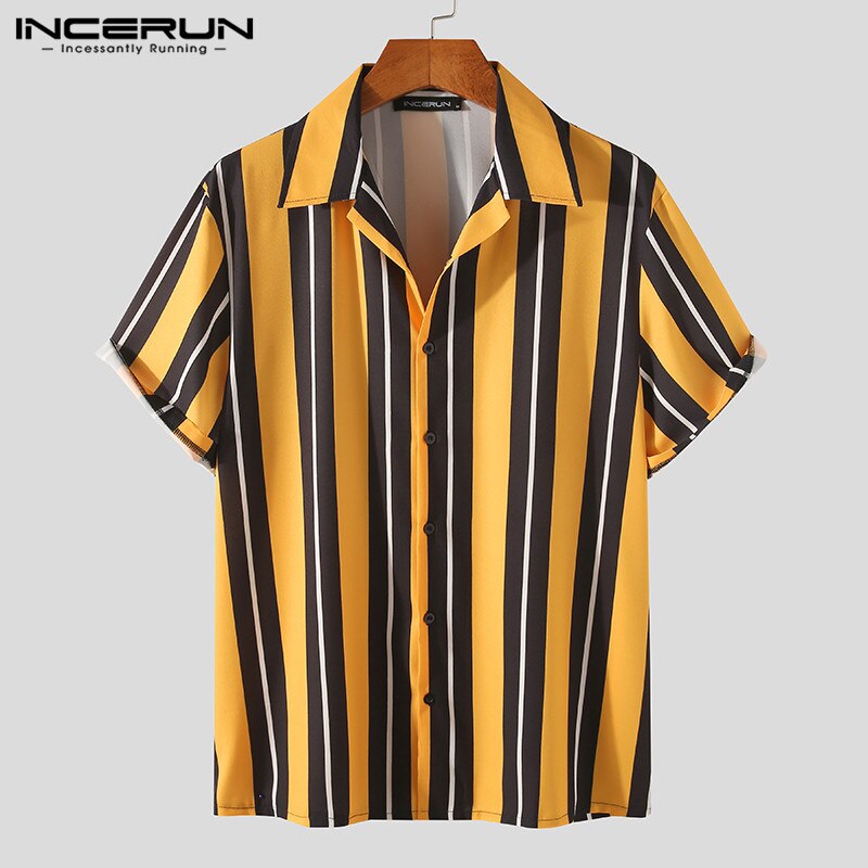 Incerun Mannen Mode Gestreepte Shirts Korte Mouw Turn Down Kraag Blouse Man Zomer Hawaiian Strand Streak Shirts Streetwear S-3XL