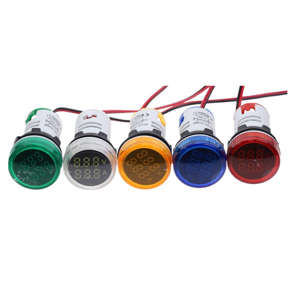 Mini Digitale Voltmeter Amperemeter 22Mm Ronde Ac 50-500V 0-100A Amp Volt Voltage Tester Meter Dual Led indicator Pilot Lamp Licht