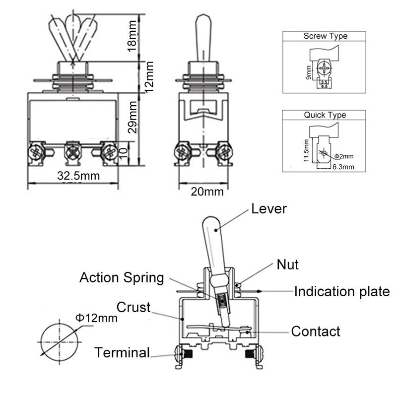 E-TEN1322 Double Pole Double Throw Toggle Switch Power Supply Shaking Rocker Switch Toggle Switch 6-pin 3 Gear Switch