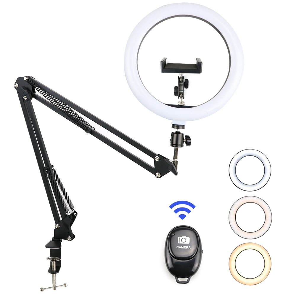 10'' Dimmable LED Selfie Ring Light With Desk Long Arm Holder Camera Phone USB ring lamp Photography Light With Remote Control