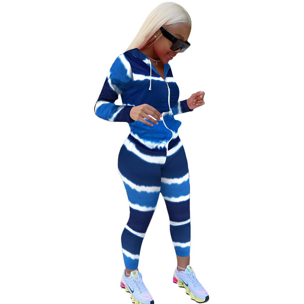 Cm.yaya active wear gradient stribet print damesæt hættetrøjer toppe joggerbukser jakkesæt træningsdragt todelt sæt fitness outfit: Blå / S
