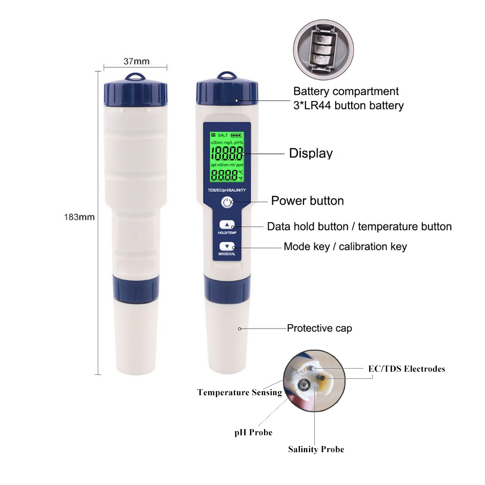 Ph Meter 5-In-1 Ph/Tds/Ec/Zoutgehalte/Temp Meter Water Quality Tester voor Voedsel Drinkwater Aquaria